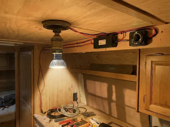Ceiling-mounted LED bulb with exposed red and black wires connected to a control box and dimmer knob in a wooden RV interior, near cabinets and workbench with tools.