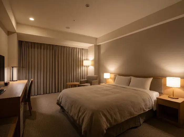 Cozy hotel room with king bed, beige linens, wooden furniture, desk, lamps, and curtains in warm ambient lighting for accessibility.