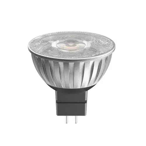 Close-up of a compact silver GU10 LED spotlight bulb with warm white glow, black base, and two metal pins for secure installation.