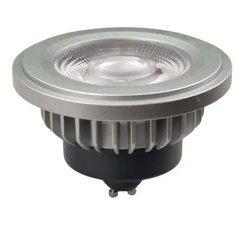 Close-up of a metallic silver GU10 LED bulb featuring a round frosted lens for diffused light and a black twist-lock base for secure installation.