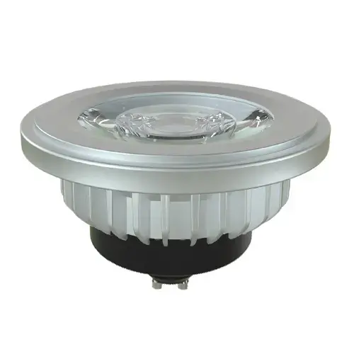 Close-up of a modern silver LED GU10 spotlight with clear lens, aluminum housing, and black pin base for recessed lighting.