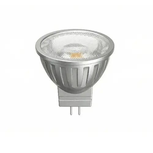 Close-up of a silver MR16 LED bulb with frosted glass dome, reflective housing, and two pins at the base, on white background.