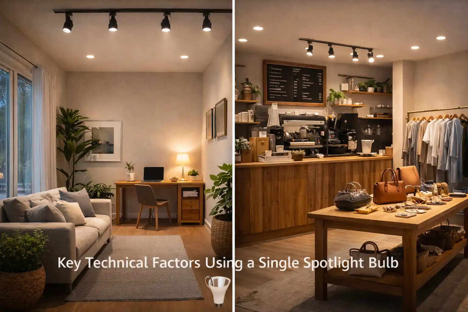 Split-view image of a cozy modern living room and a wooden café, both featuring recessed spotlight bulbs for illumination, with text overlay referencing technical lighting factors.