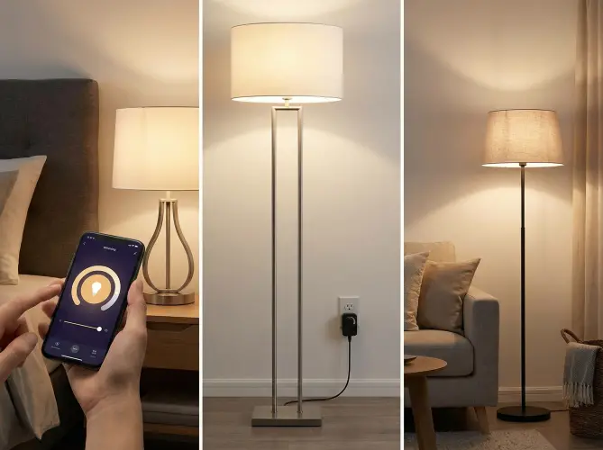 Smartphone app controlling dimmable lights in a cozy bedroom