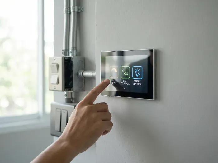 A person's hand touches a wall-mounted touchscreen panel showing icons for light, fan, and smart control system in a modern indoor setting.