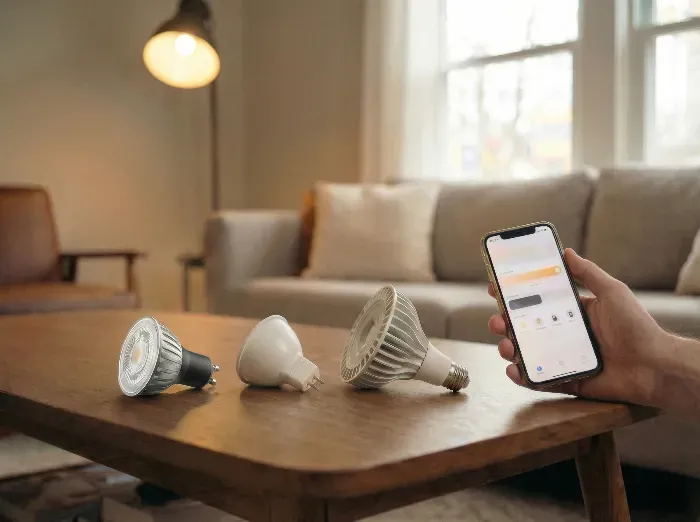 A hand holds an iPhone with Home app open, displaying light controls, next to three smart LED bulbs on a wooden table in a living room.