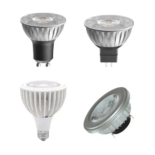 Collage of four LED light bulbs with different bases and shapes, including spotlight, reflector, screw-base, and recessed models for diverse lighting applications.