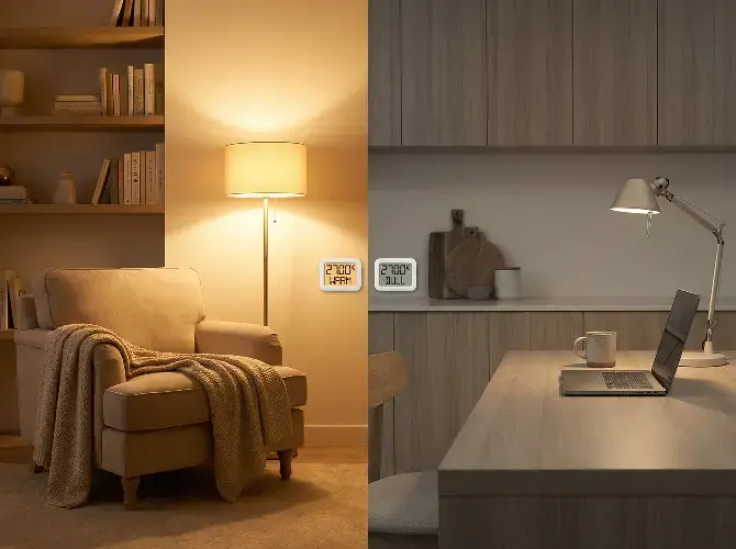 Split image showing a cozy living room with warm yellow lamp light on an armchair and bookshelves, contrasted with a modern kitchen desk under cool white desk lamp illumination.