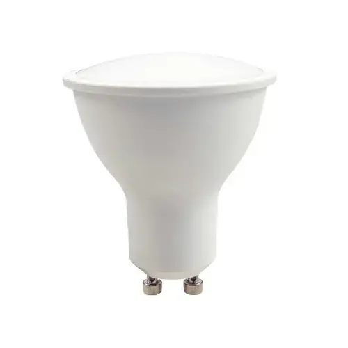 A compact white LED GU10 bulb with a rounded dome top and two metal pins at the base for secure installation in spotlights.