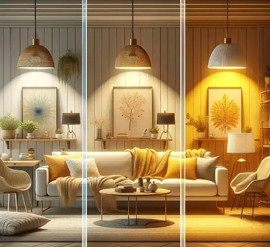 A modern living room shown in three panels demonstrating cool white, neutral, and warm yellow lighting from wooden pendant lamps, with a sofa, plants, and wall artwork.