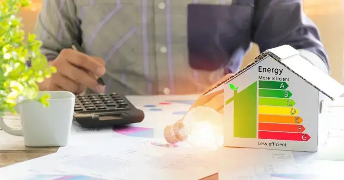 A person's hand using a calculator and pen on documents beside a small house model with a green energy efficiency label and a glowing light bulb on a wooden desk.