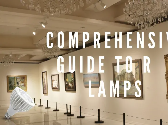 Art gallery interior with framed paintings on walls, elegant chandeliers, spotlights, and overlaid bold text reading 'Comprehensive Guide to R Lamps'; a white cylindrical lampshade lies on the polished floor in the foreground.