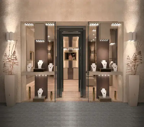 Luxury jewelry retail display illuminated with accent spotlights