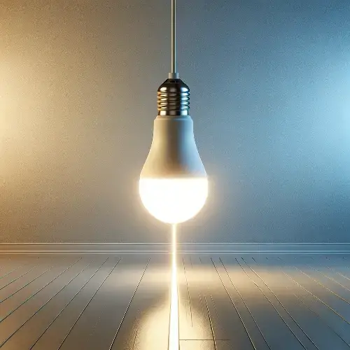 A modern white LED light bulb hanging from a cord in a minimalist gray room, emitting a bright white beam of light downward onto a wooden floor.