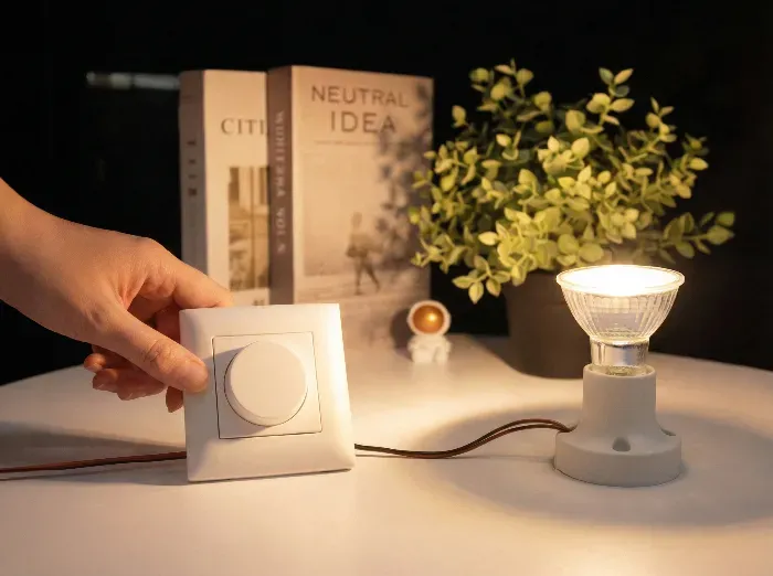 A hand turns a white rotary dimmer switch connected by a cord to a lit clear bulb on a lamp base, with books and a green plant in a softly lit background.