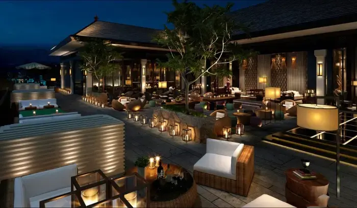 Architectural outdoor terrace lighting at night