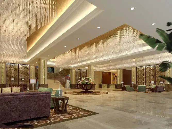 Luxury hotel lobby illuminated with warm accent lighting