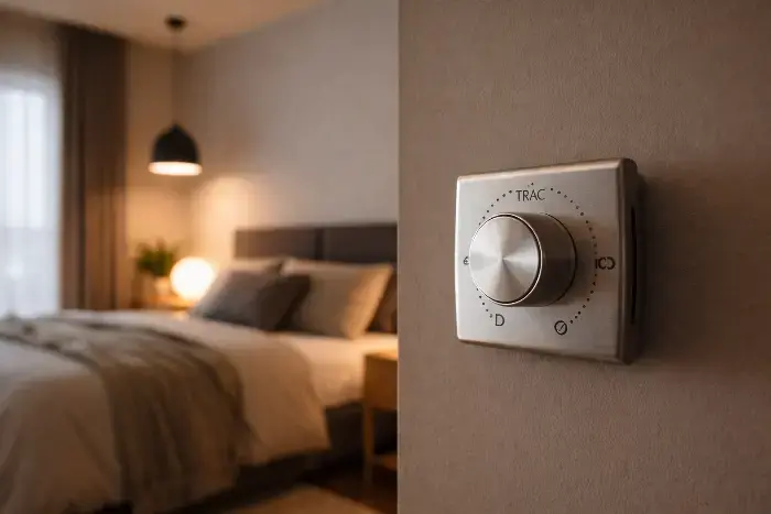 Cozy modern bedroom interior with bed, pillows, lamp, and window, alongside close-up of white wall-mounted control panel featuring silver rotary knob and Trac branding.