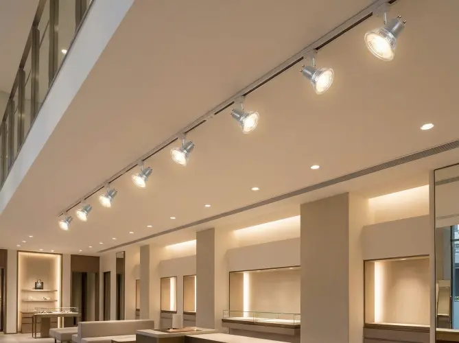 Contemporary interior with ceiling-mounted track system featuring multiple adjustable spotlights illuminating white walls, beige pillars, and glass-enclosed display areas.