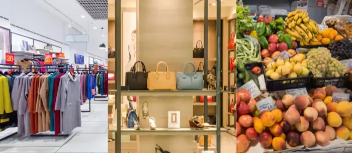 A triptych image showing a clothing store with colorful garment racks on the left, handbag and shoe shelves in the center, and a fresh fruit market display on the right.