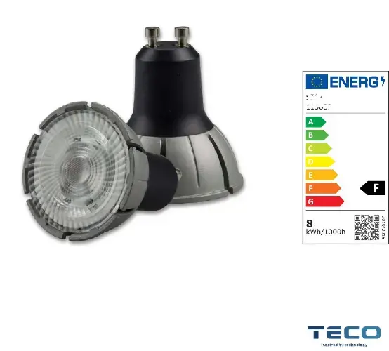 Silver and black GU10 LED spotlight bulb from TECO, paired with an EU energy efficiency label rated A for high performance.