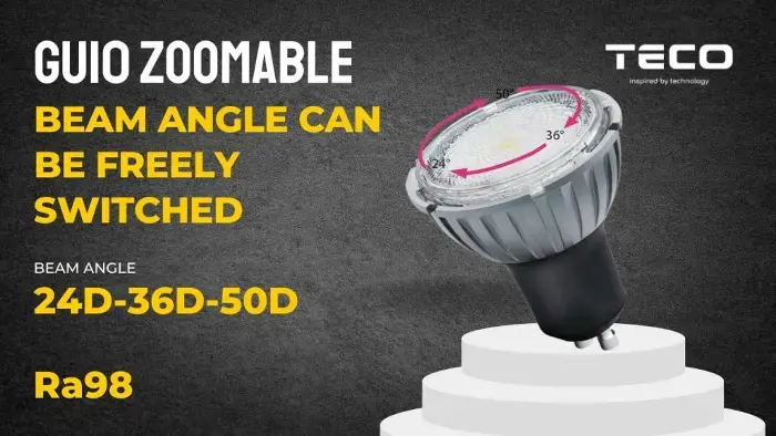 Black GU10 LED spotlight bulb on a white pedestal with graphics illustrating adjustable beam angles of 24°, 36°, and 50° for versatile lighting applications.