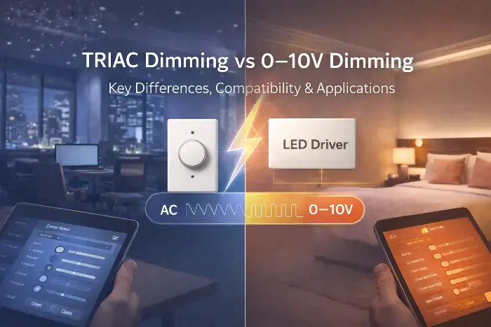 Infographic comparing TRIAC dimming with AC waveform and wall switch to 0-10V dimming with control signal and LED driver in office and bedroom settings.