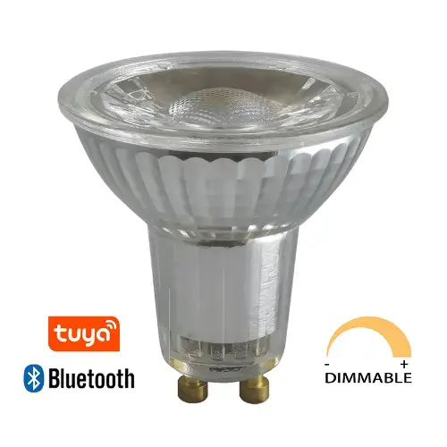 Close-up of a silver GU10 LED bulb with the Tuya logo, Bluetooth symbol, and dimmable label for smart lighting control.