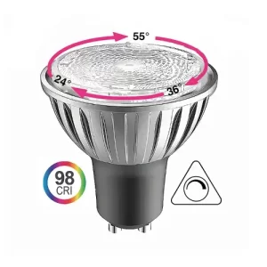 Black GU10 LED spotlight bulb with rotatable lens showing 24, 36, and 55 degree beam angles, high 98 CRI rating, and dimmable compatibility icon.