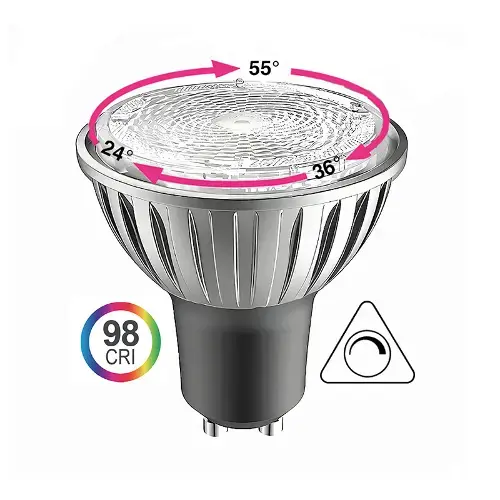 Black GU10 LED spotlight bulb with rotatable lens showing 24, 36, and 55 degree beam angles, high 98 CRI rating, and dimmable compatibility icon.