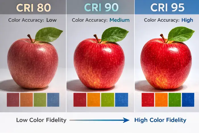 Three red apples displayed side by side under varying CRI lighting: left CRI 80 shows dull muted red, middle CRI 90 medium vibrancy, right CRI 95 high fidelity bright red with color swatches below.
