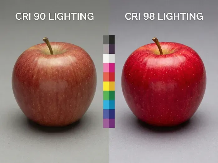 Side-by-side view of red apple under CRI 90 and CRI 98 lighting, with color charts below showing muted versus accurate hues.