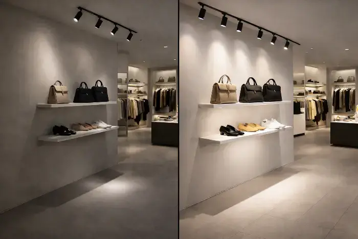 Split-view image of a fashion store: the left side is dimly lit with track spotlights, while the right side is brightly illuminated with recessed lighting, showcasing shelves of clothes, handbags, and shoes.