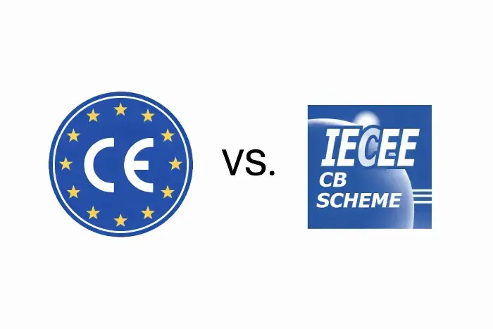 Graphic comparison showing the blue CE certification logo on the left versus the CB Scheme certification emblem on the right, highlighting differences in product safety standards.