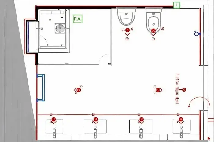 Technical blueprint of a multi-stall public restroom layout featuring toilets, sinks, shower area, plumbing lines, and emergency indicators for accessibility.