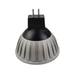 Close-up of a small LED bulb with two silver pins on black plastic base and ridged metallic dome for focused lighting.