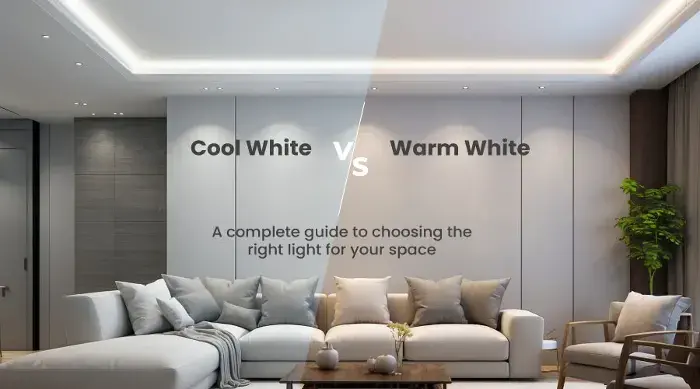 Split image comparing cool white and warm white lighting effects in a modern living room with a gray sectional sofa, wooden table, chairs, and a potted plant.