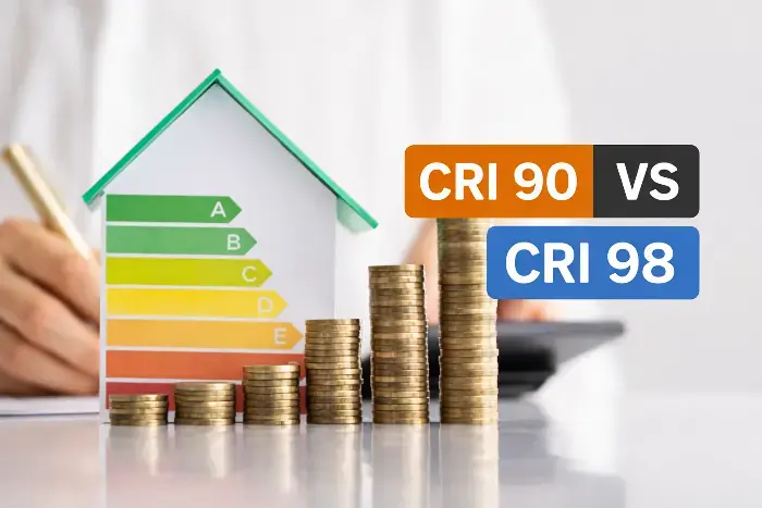 Model house with energy label A to G, stacks of gold coins, and comparison labels for CRI 90 versus CRI 98 lighting standards.