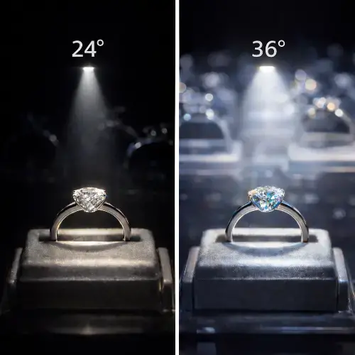 Diamond ring comparison under 24° and 36° spotlight beam angles showing difference in focus and contrast.