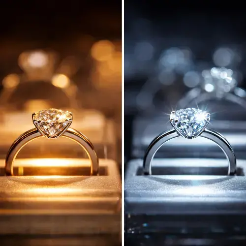 Split-view image showing a diamond solitaire ring under warm golden lighting on the left and cool white lighting on the right, emphasizing differences in color tone and sparkle.