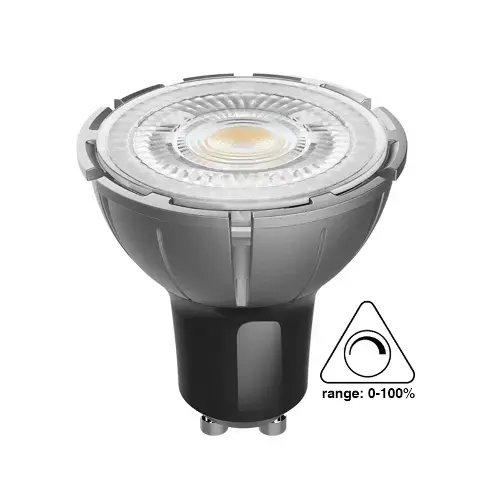 Close-up of a modern GU10 LED light bulb with dimmable feature, showing clear glowing center, black base, and 0-100% dimming range indicator.