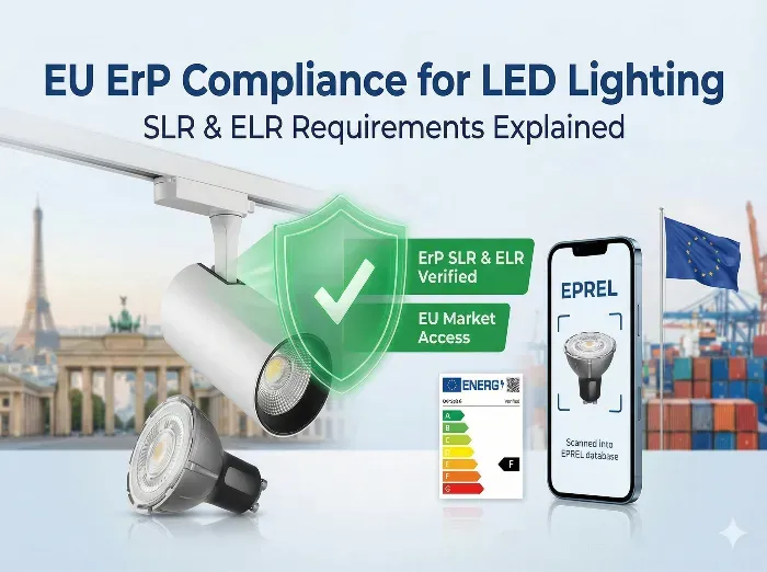 Infographic on EU ERP compliance for LED lighting, illustrating SLR and LER requirements with track lights, energy labels, and EPREL app.