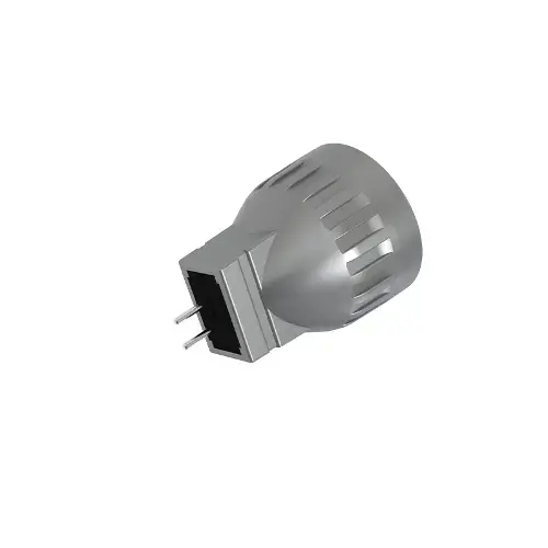 A 3D rendered gray metallic bulb with two connector pins and textured ridges for lighting applications.