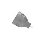 A close-up view of a gray, ridged metallic bulb with a small pin connector at the base, angled to show its conical shape and textured surface.