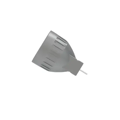 A close-up view of a gray, ridged metallic bulb with a small pin connector at the base, angled to show its conical shape and textured surface.