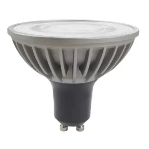 Close-up of a silver GU10 LED bulb with frosted white diffuser lens, finned aluminum heat sink body, and black base with two metal pins.