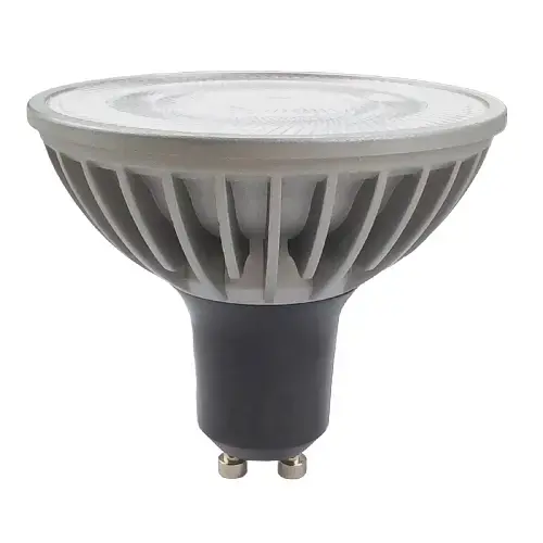 Close-up of a silver GU10 LED bulb with frosted white diffuser lens, finned aluminum heat sink body, and black base with two metal pins.
