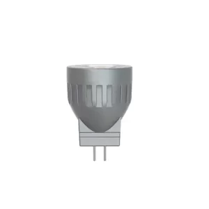 Close-up of a compact GU10 LED bulb with gray metallic body, ridged sides, and two-pin base on white background.