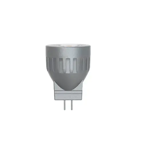 Close-up of a compact GU10 LED bulb with gray metallic body, ridged sides, and two-pin base on white background.