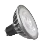 Close-up of a modern GU10 LED bulb with silver aluminum housing, black twist base, and frosted lens for diffused warm light in recessed fixtures.